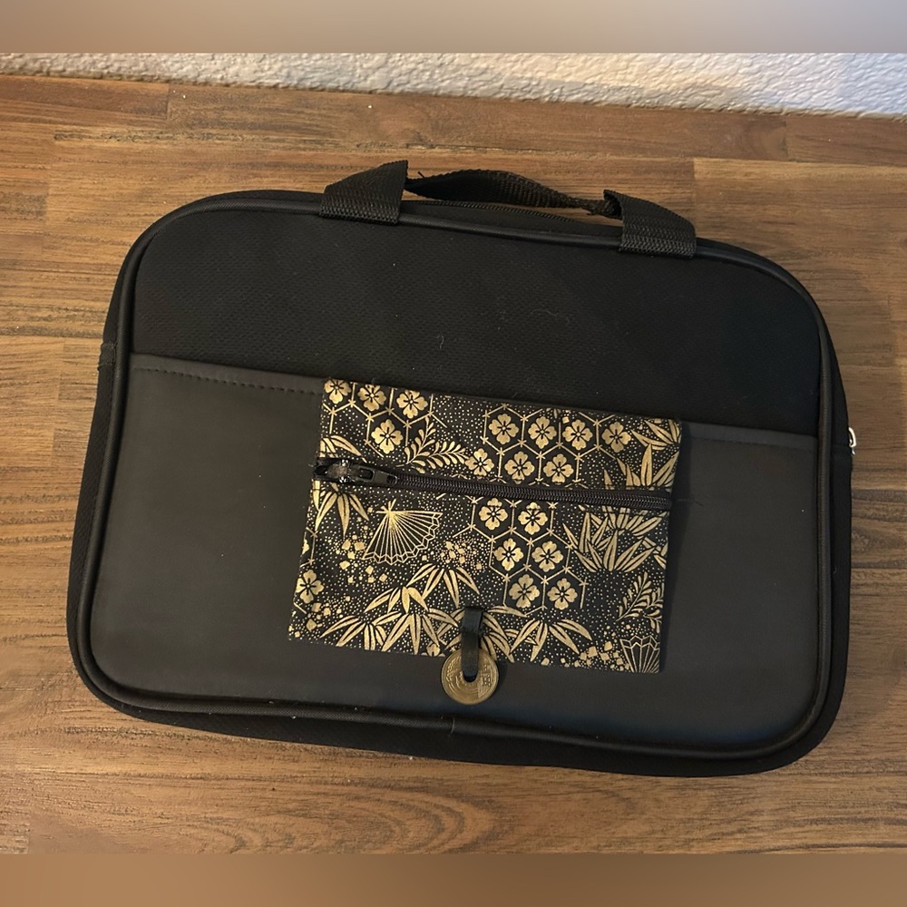Black Laptop Bag with Gold Patterned Pouch